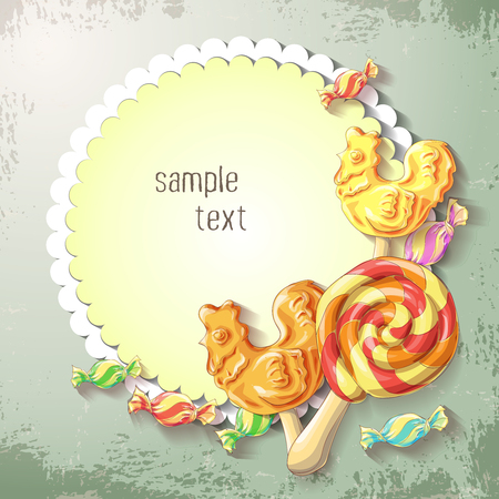 Lollipop and caramel banner. Design for sweets and pastries filled with lollipop and caramel, dessert menu.のイラスト素材