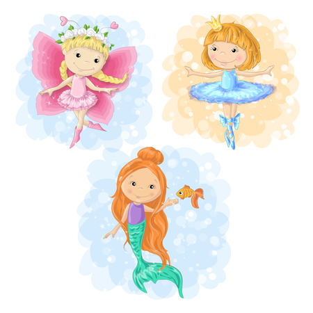 Lovely cartoon girl in different costumes butterfly, ballerina and a mermaid. Vectorのイラスト素材