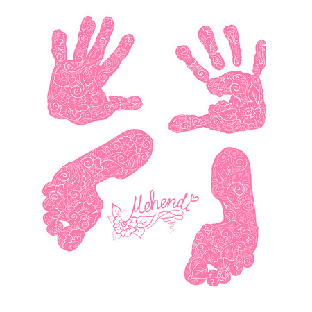 Imprint of children s palms and feet. Mehendi set.のイラスト素材
