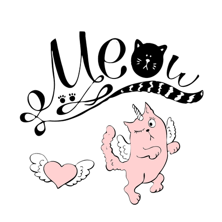 Vector black lettering Meow with cute cat paw print.のイラスト素材