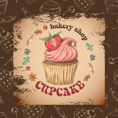 Sweet capcake with cream. Set from vector cards vintage inscription. Hand draw.のイラスト素材