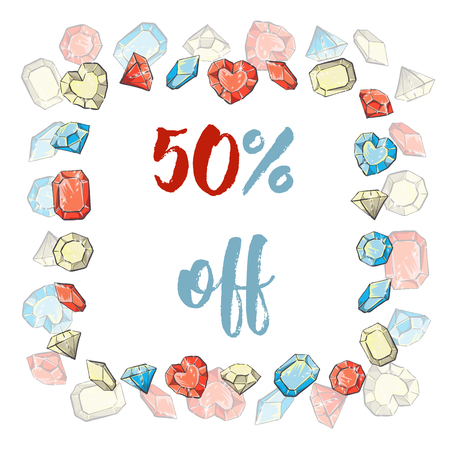 Frame of precious stones. Sale. 50 off. Manual drawing Vector illustrationのイラスト素材
