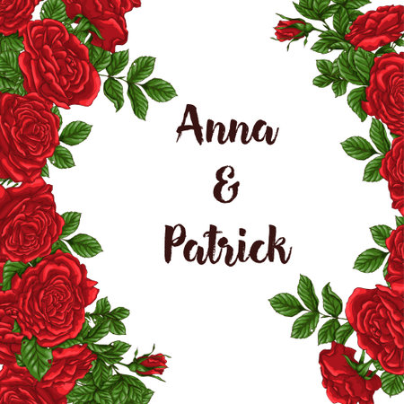 Vector card with garden white and red roses and tulip flowers on white background.のイラスト素材