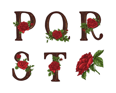 Red Roses on letters. Hand drawn, Vector alphabetのイラスト素材
