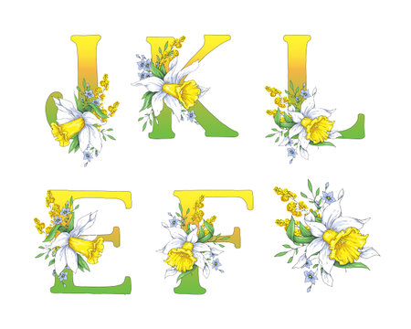 Spring bright letters with daffodils and forget-me-nots. Vector illustration.のイラスト素材