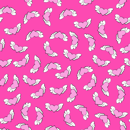 Pink hearts with wings seamless pattern. Vector illustration.のイラスト素材