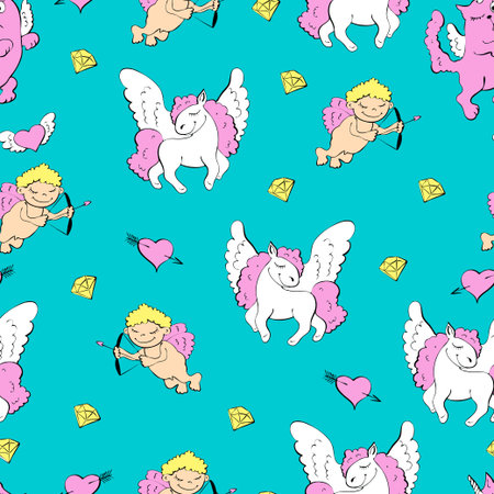 Blue background with unicorns, hearts and diamondsのイラスト素材