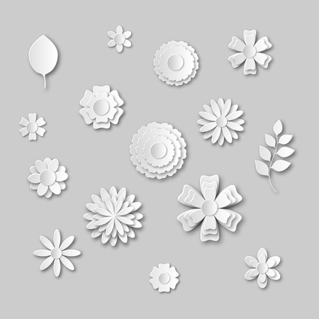 Paper art flowers set. Gray scale. White abstract flower.のイラスト素材