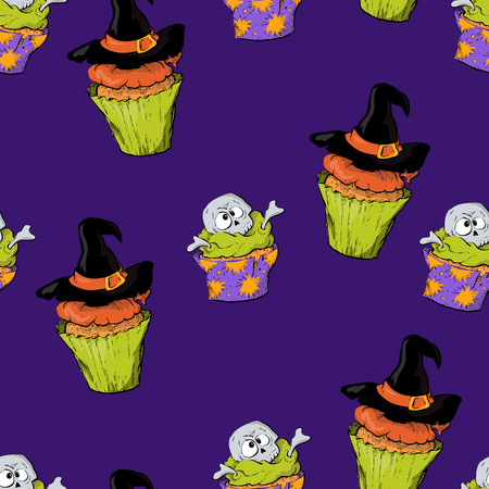 A bright seamless pattern for Halloween with a picture of capkakes, hats and skulls.のイラスト素材
