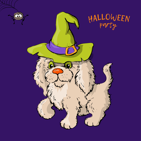 Cartoon cute dog character in a witch s hat with a skull capkake and a Halloween. Vector illustration.のイラスト素材
