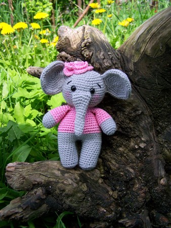 Blue sitting elephant, crochet toy.の写真素材