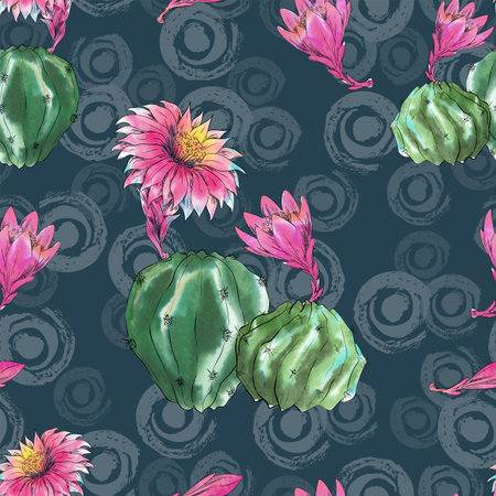 Watercolor pattern with flowers roses and cactus