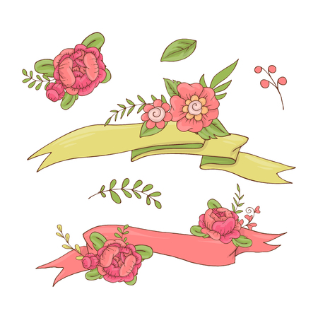 Vintage Floral Ribbon. Hand drawn doodle Banner with Wild Flowers. Vector illustrationのイラスト素材