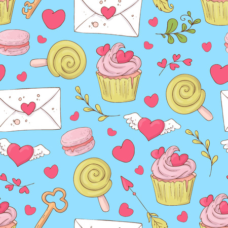 St. Valentine s Day seamless pattern with cupcakes. Vector hand drawn illustration.のイラスト素材