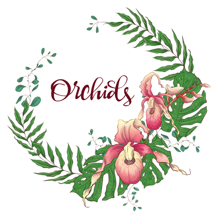 Floral design frame. Orchid, eucalyptus, greenery Wedding card Vector illustrationsのイラスト素材