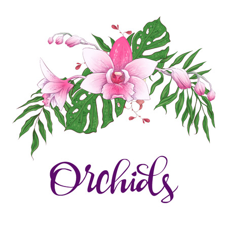Floral design frame. Orchid, eucalyptus, greenery Wedding card Vector illustrationsのイラスト素材