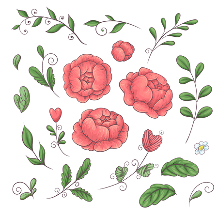 A set of peonies and floral elements in the style of hand-drawing in 2019 coral trend colors. Vector illustration.のイラスト素材