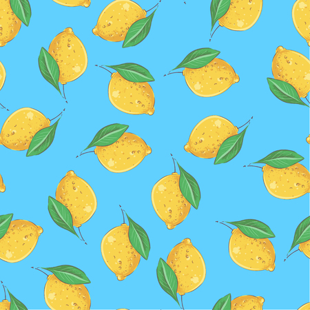 Seamless pattern yellow lemons on a blue background. Vector illustration.のイラスト素材