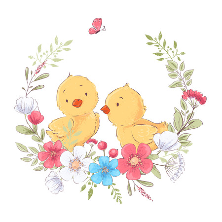 Postcard poster cute little chickens in a wreath of flowers. Hand drawing. Vector.のイラスト素材