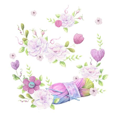 Watercolor illustration of a wreath of a bouquet of wild roses of pale pink color and accessories for knitting needlework.のイラスト素材