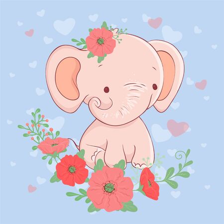 Cute cartoon elephant with a bouquet of poppiesのイラスト素材