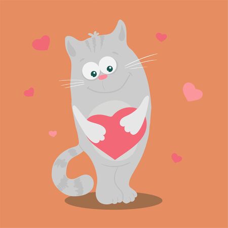 Cute cartoon cat with a heart in the form of a heart for Valentine s Day.のイラスト素材