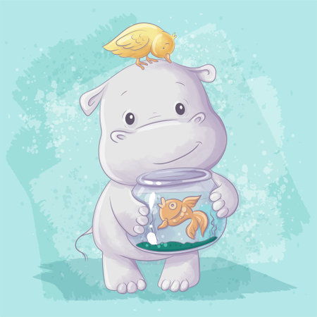 Watercolor cartoon illustration of a cute hippo with a bird and a fish in an aquarium.の写真素材