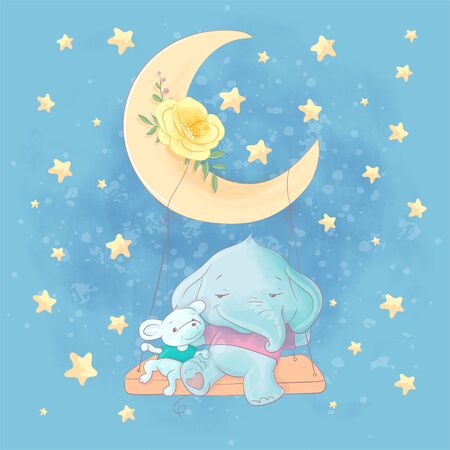 Watercolor cartoon illustration of a cute elephant and mouse on a swing on the moonの写真素材