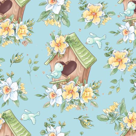 Seamless pattern with spring flowers. Watercolor illustrationの写真素材