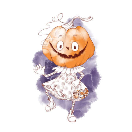 Cute character girl pumpkin scarecrow, watercolor illustrationの写真素材
