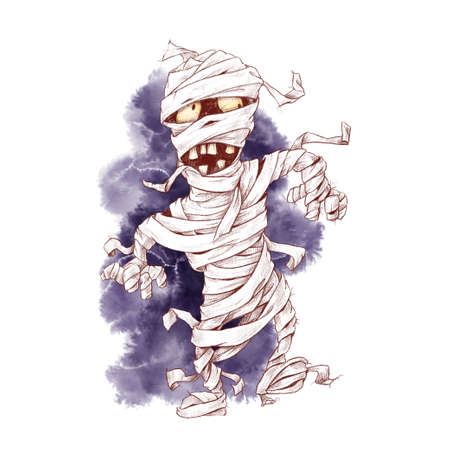 Cute mummy character, watercolor illustration for Halloweenの写真素材
