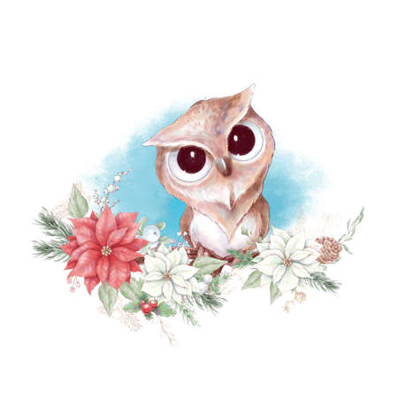 Watercolor christmas character owl. Holiday decor elements for the New Yearの写真素材