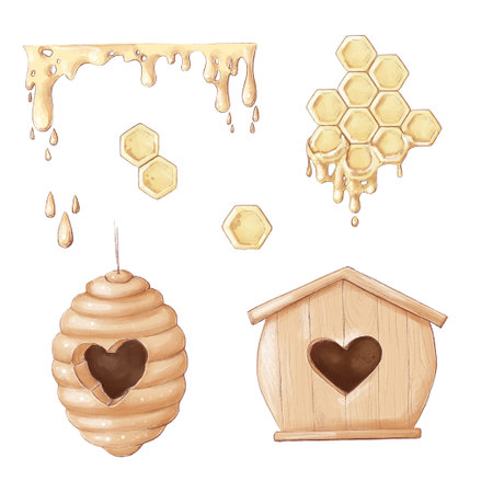 Bees and honey, honeycomb, beehive set. Watercolor