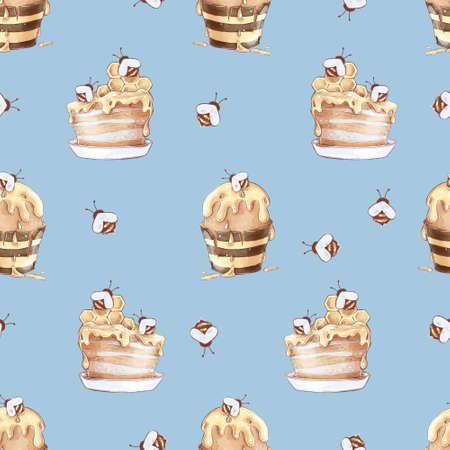 Honey bee honeycomb sweets seamless pattern. Watercolor illustrationの写真素材