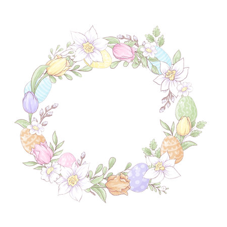 Set for Easter. Spring flowers and colorful eggsの写真素材