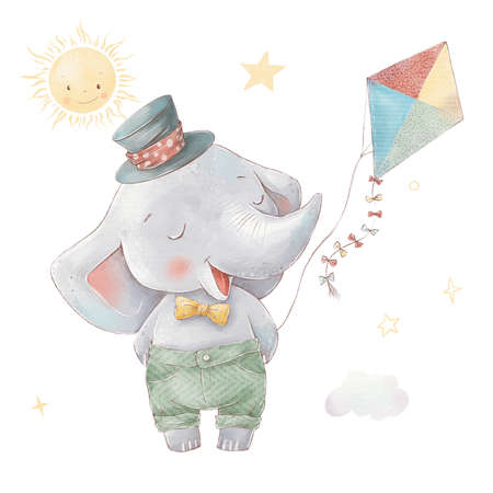 Set of cute cartoon elephant in a hot air balloon. Watercolor illustrationの写真素材