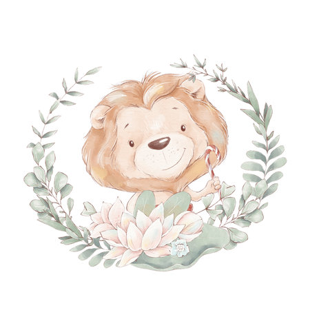 Set of cute cartoon lion cub and flowers. Watercolor illustrationの写真素材