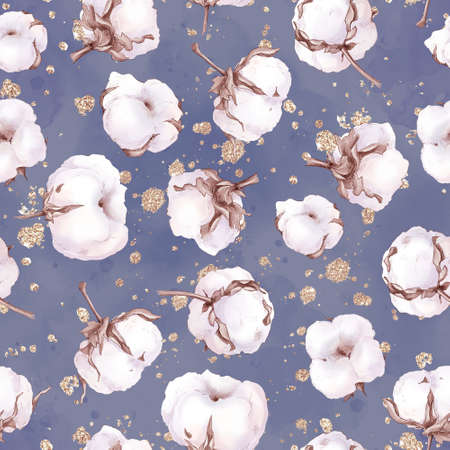 Cotton flowers seamless pattern and branches. Watercolor illustrationの写真素材