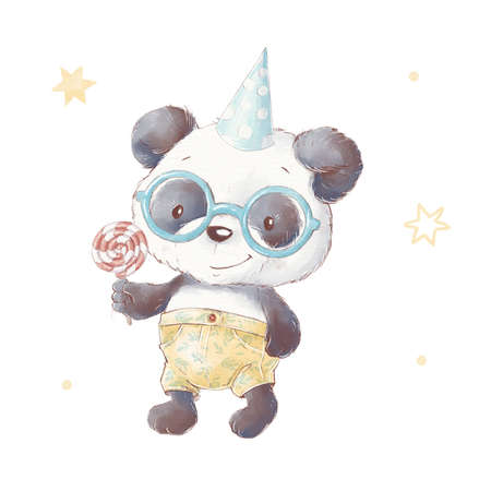Set of cute cartoon panda. Watercolor illustrationの写真素材