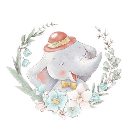 Set of cute cartoon elephant in a hot air balloon. Watercolor illustrationの写真素材