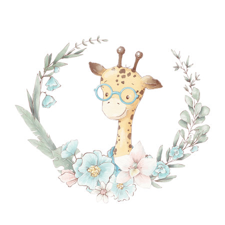 Set of cute cartoon giraffe in a cup. Watercolor illustrationの写真素材