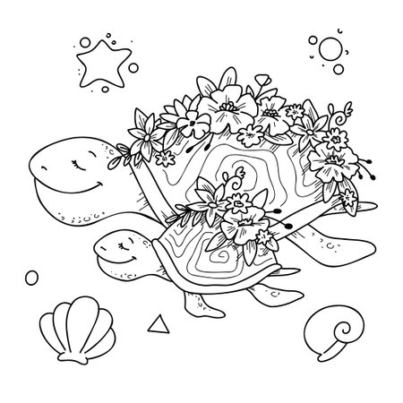 Vector illustration Set of cute turtle with baby in doodle hand drawing style.のイラスト素材
