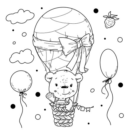 Vector illustration of a cute bear in a hot air balloon in doodle handdraw style.のイラスト素材