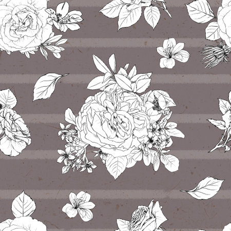 Hand drawn pencil graphic illustration seamless pattern of vintage flowersの写真素材