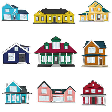 Houses vector illustration, front view exterior sketch illustration of american houses and homes. Icon or web site of realty estate design.のイラスト素材