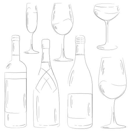 Vector set of wine and champagne bottles and glasses. Illustration in sketch style Isolated on white. red, rose, white and champaign.のイラスト素材
