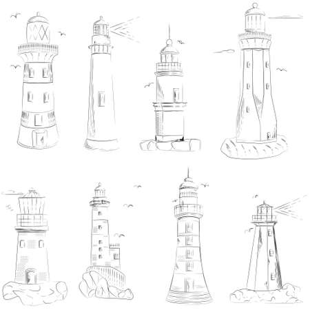 Lighthouse vector set illustrations, sea sketch drawn pictures isolated on white background for line web designのイラスト素材