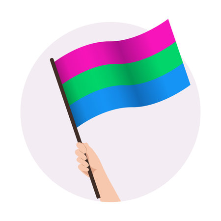 Polysexual waving pride flag in raised hand. Support vector illustrationのイラスト素材