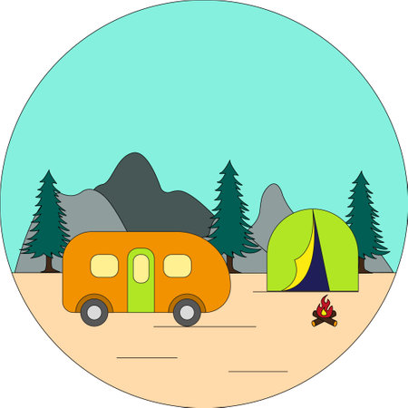 Trailer, tourist tent and fire at the foot of mountain with fir trees. Vector.のイラスト素材