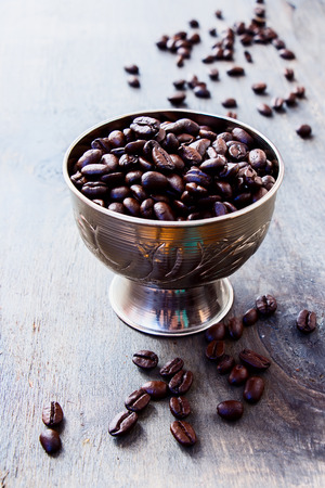 Coffee on grunge wooden background. Selective focus.の写真素材